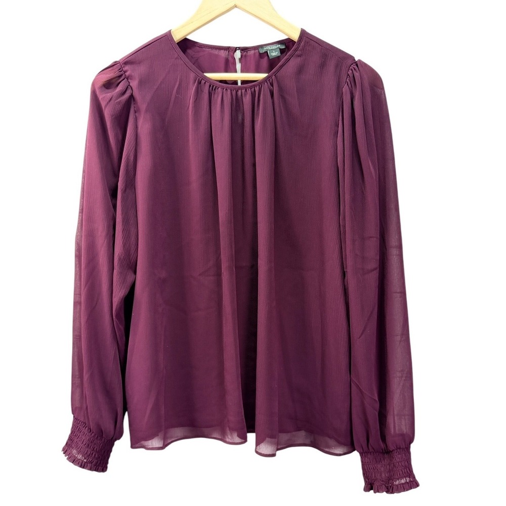 Ann Taylor Blouse Womens L Burgundy Office Professional Sheer Smocked Cuff Lined